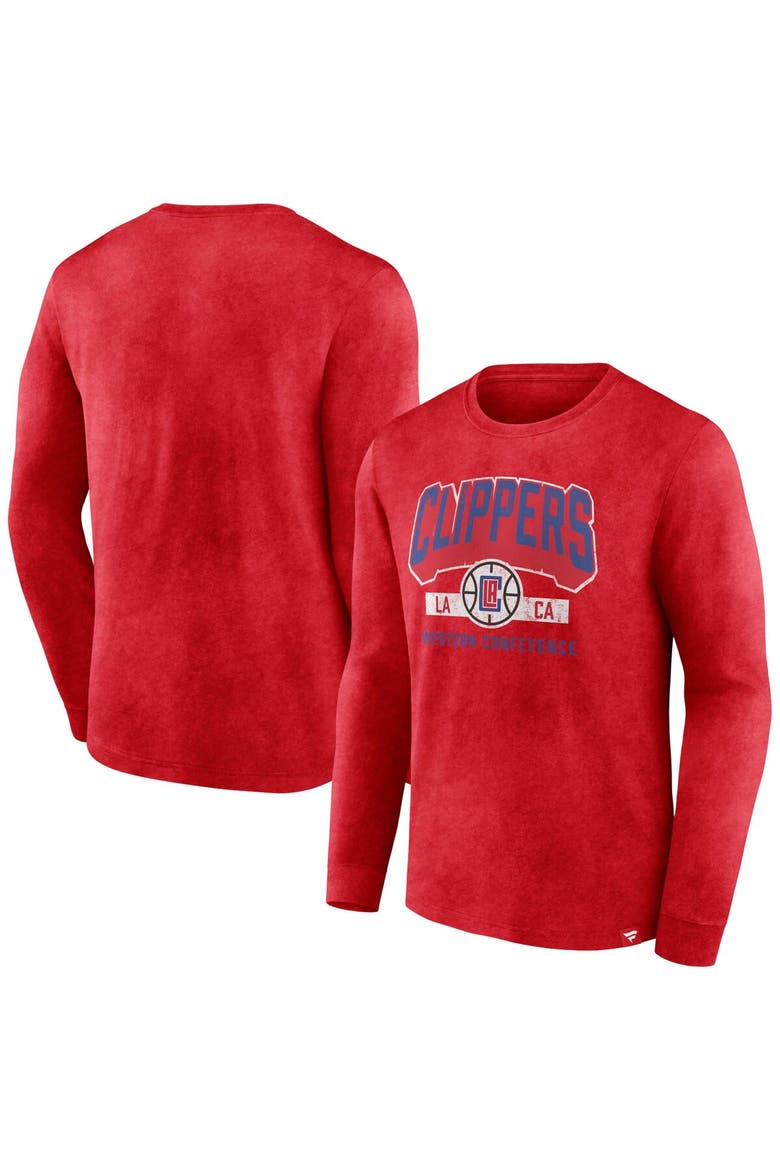 Men's Fanatics Branded Heather Red LA Clippers Front Court Press Snow Wash Long Sleeve T-Shirt, Main, color, Heather Red