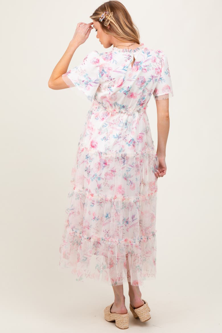 Floral Mesh Ruffle Tiered Midi Dress, Alternate, color, Ivory