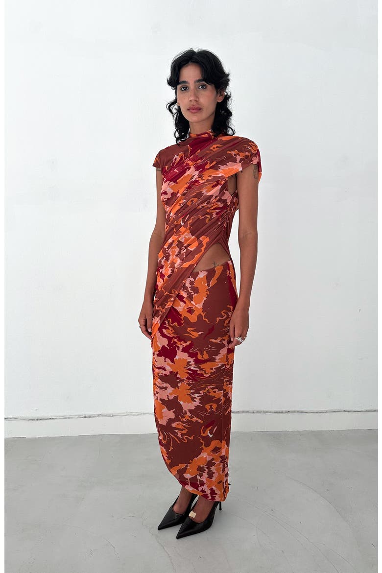 Lyra Printed Draped Mesh Dress, Alternate, color, Brown Print