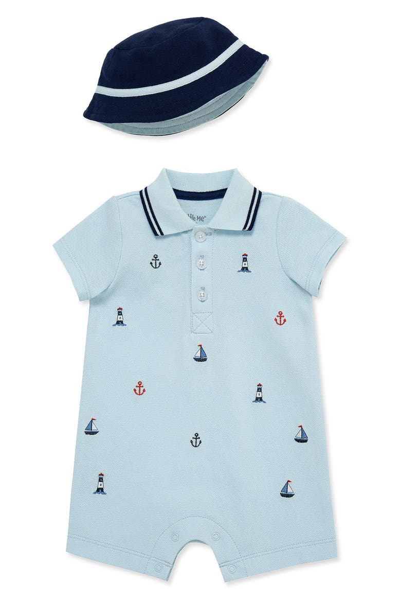 Nautical Embroidered Knit Romper & Hat Set, Main, color, BLUE