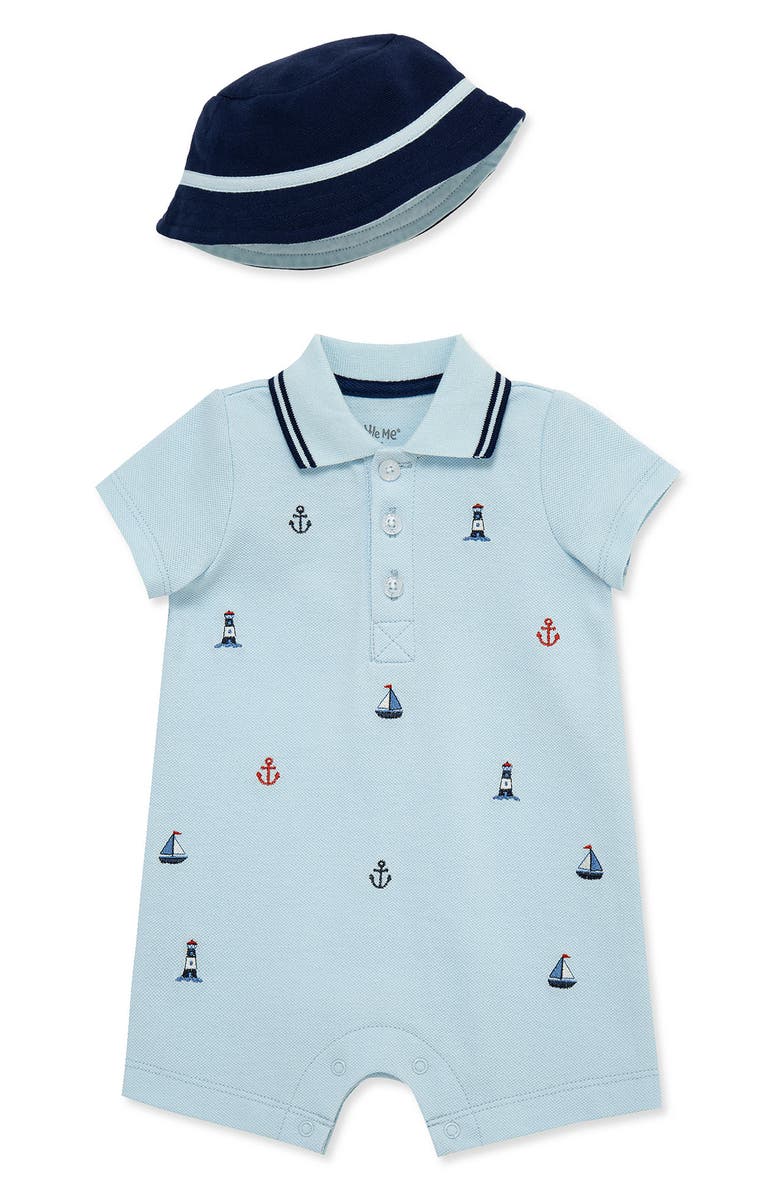 Little Me Nautical Embroidered Knit Romper & Hat Set, Main, color, Blue