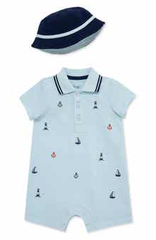 Little Me Nautical Embroidered Knit Romper & Hat Set