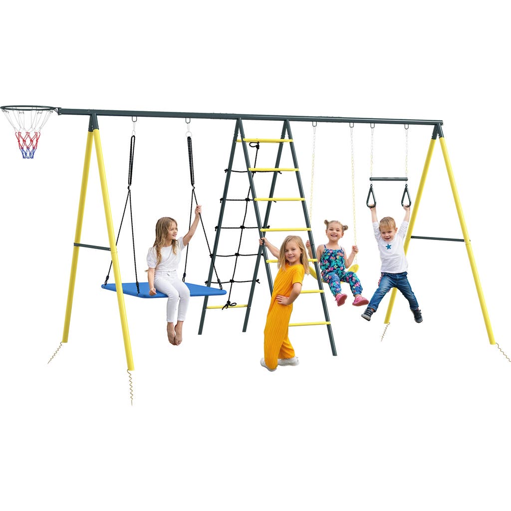 Outsunny 5-in-1 Metal Backyard Swing Set with Nest Swing, Basketball Hoop, Seat, Gym Rings, Climbing Net & Ladder in Yellow  product