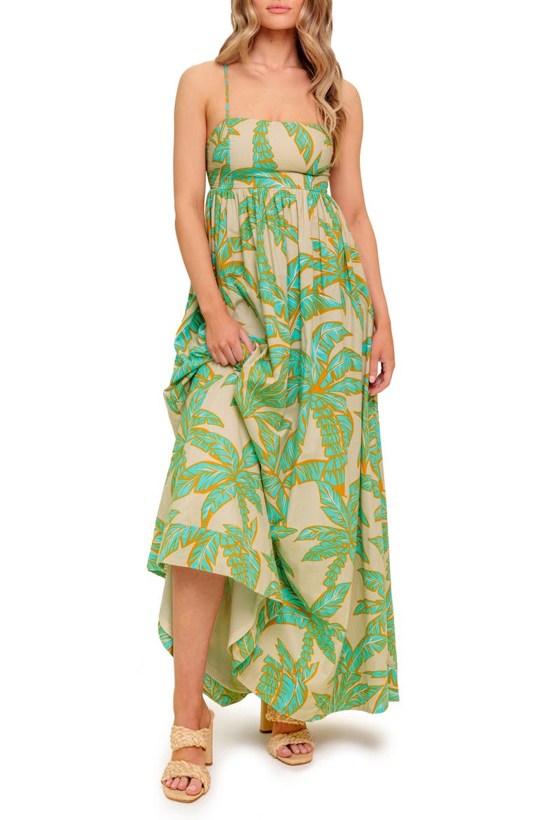 Frond Lace-Up Back Cotton Maxi Dress, Main, color, TAUPE/GREEN