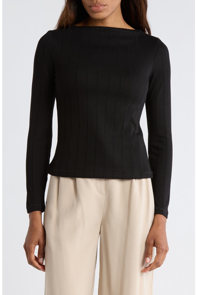 Boat Neck Long Sleeve Ribbed Top, Main, color, BLACK