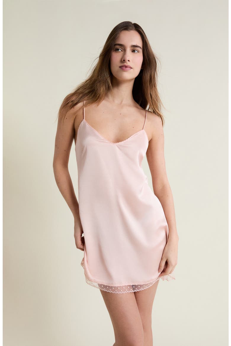 Plume Lace Trim Satin Chemise, Alternate, color, POWDER PINK