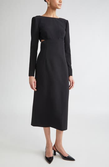 Carolina Herrera Bow Detail Cutout Long Sleeve Crepe Tea Length Dress In Black