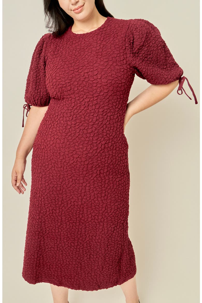 Smocked Puff Sleeve Midi Dress, Alternate, color, BURGUNDY