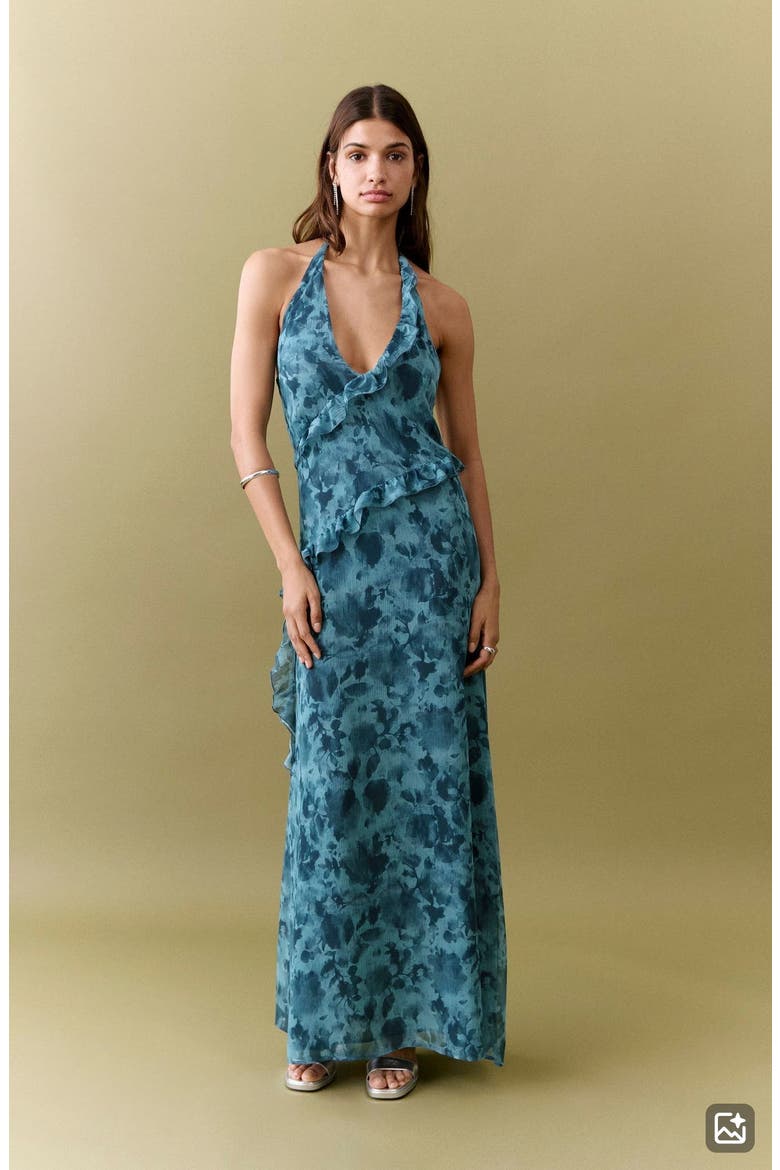 Ruffle Print Halter Maxi Dress, Alternate, color, BLUE