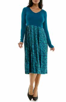 Nina Leonard Long Sleeve Mixed Media Dress