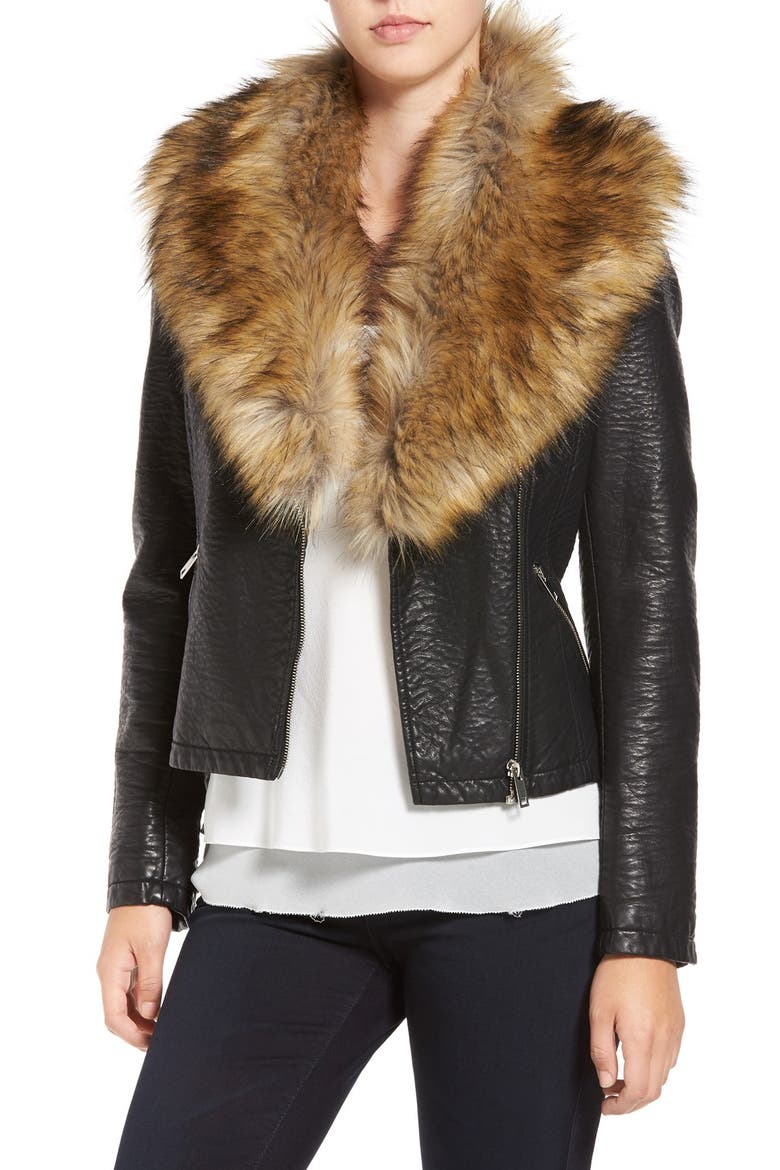 Faux Leather Jacket with Removable Faux Fur Collar, Main, color, BLACK