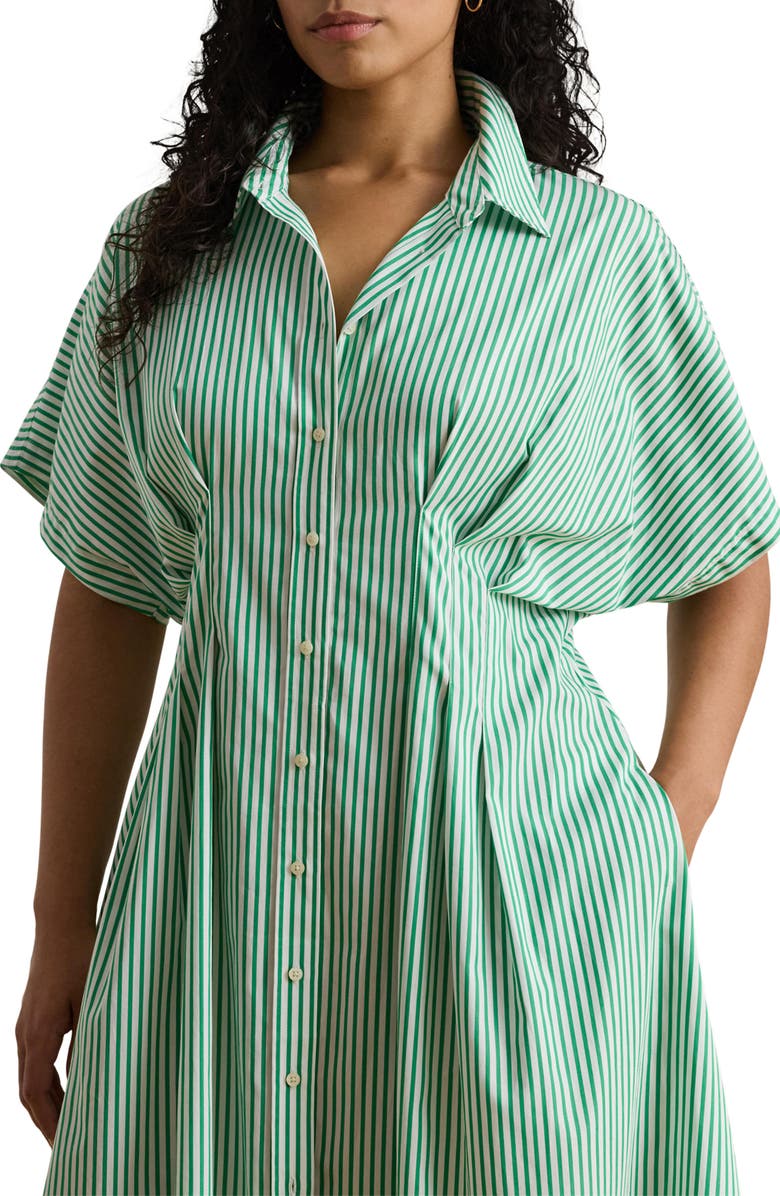 Lauren Ralph Lauren Stripe Gathered Waist Cotton Shirtdress, Alternate, color, Green/ White Multi