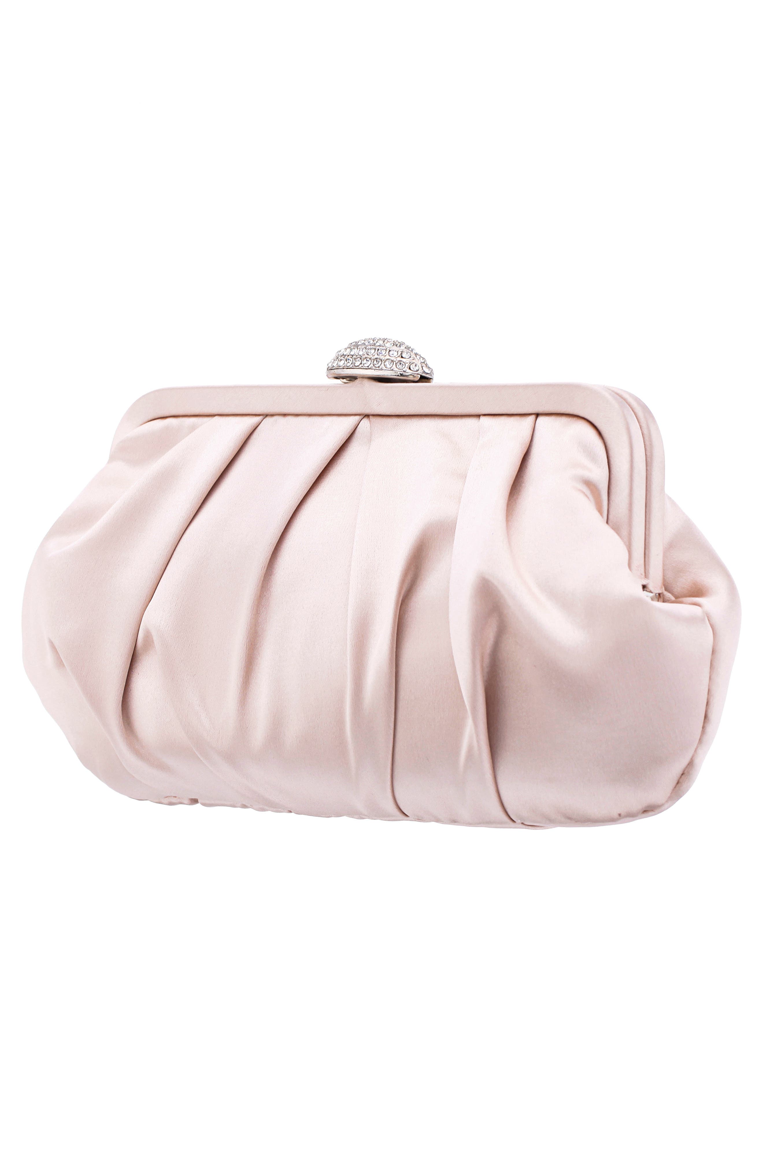Concord Pleated Satin Frame Clutch, Alternate, color, PEARL ROSE