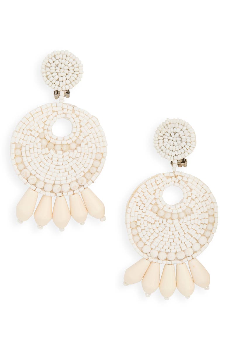 Kenneth Jay Lane Beaded Drop Clip-On Earrings, Main, color, Polished Gold/ White