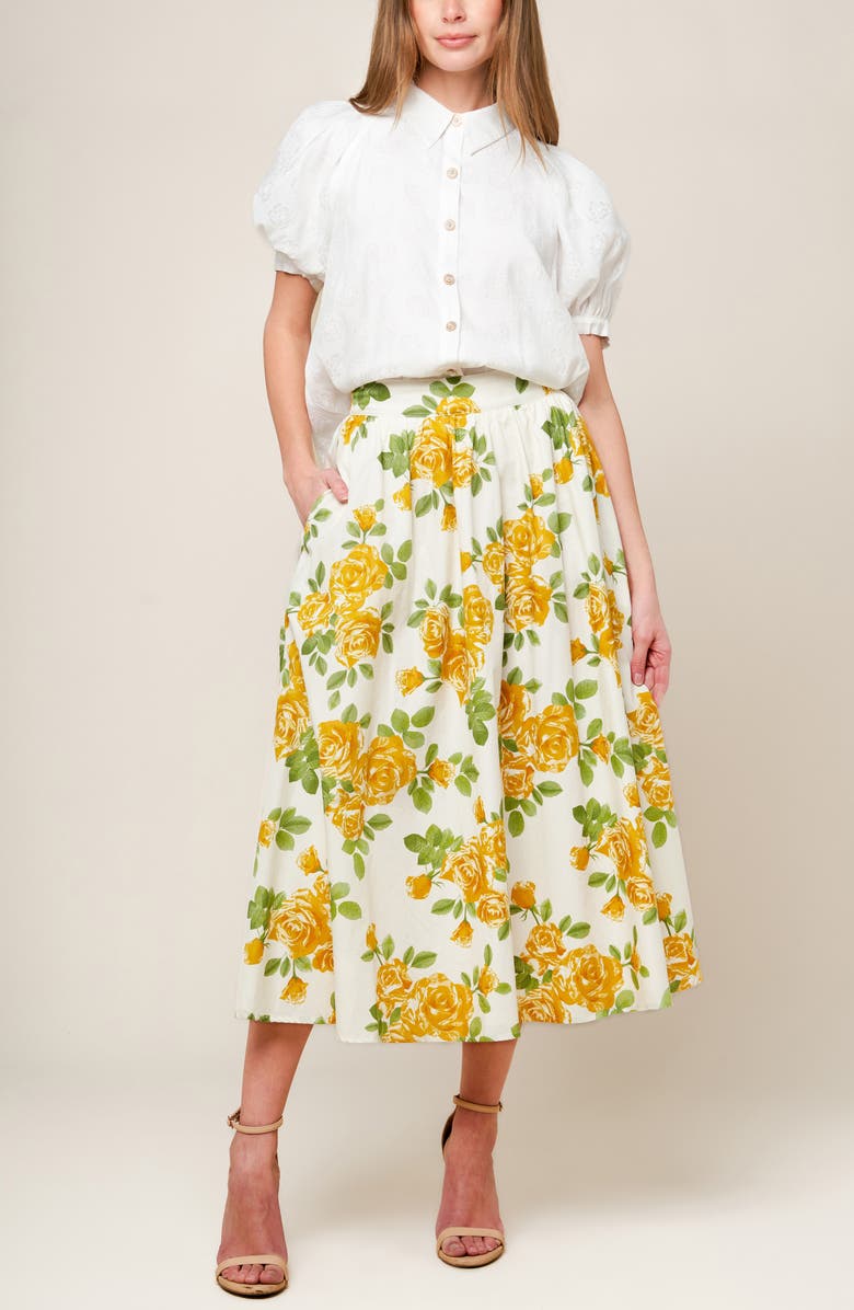FLYING TOMATO Floral Midi Skirt, Alternate, color, Cream