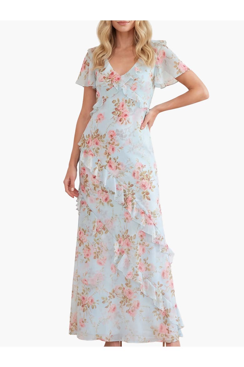 Summer's Rose Georgette V-neck Gown, Main, color, Aqua