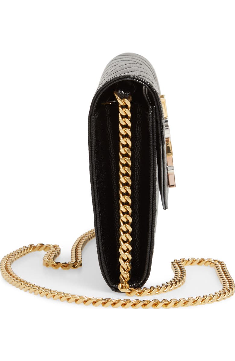 Saint Laurent Monogram Pebbled Leather Wallet on a Chain, Alternate, color, Noir