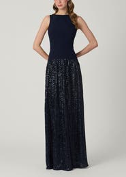Shoshanna Midnight Dorothy Pleated Sequin Crepe Combo Dress