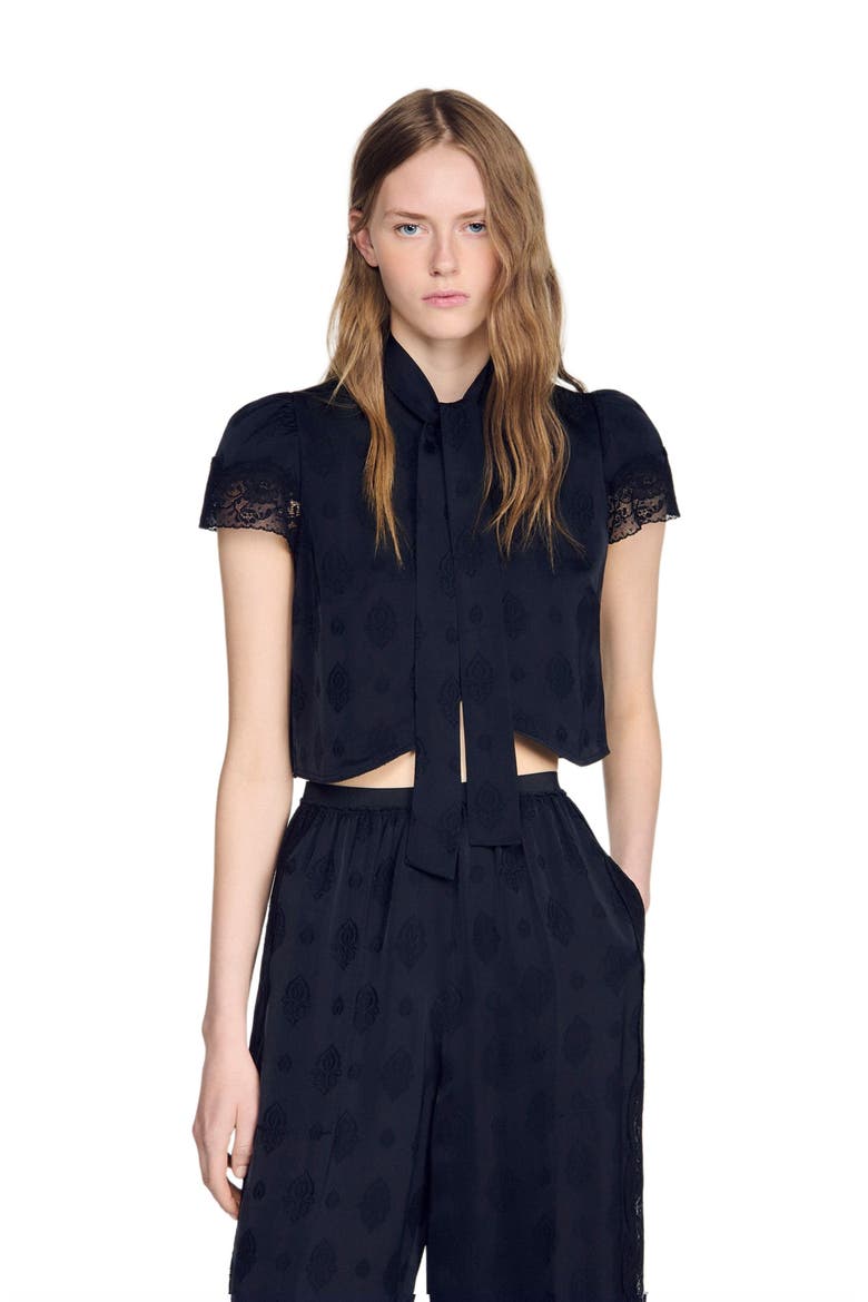 Paisley jacquard crop top, Alternate, color, Black