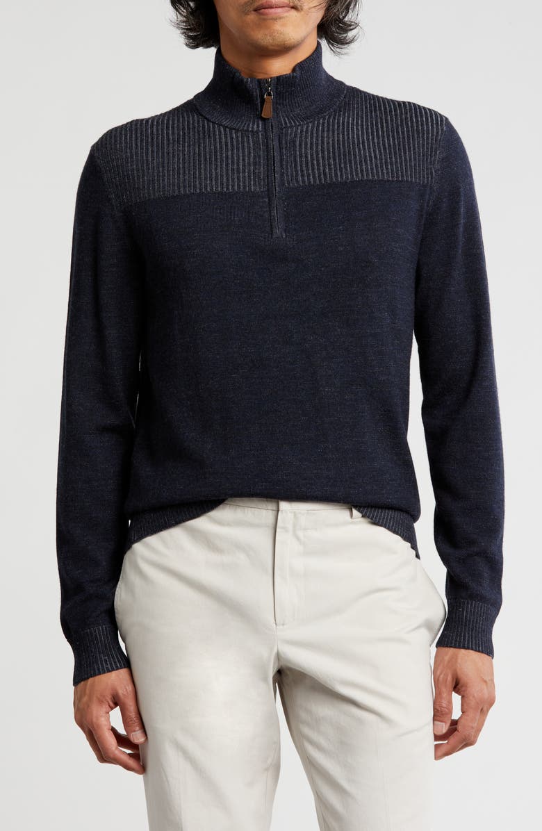 Bruno Magli Merino Wool Plaited Quarter-Zip Pullover, Main, color, Navy Grey