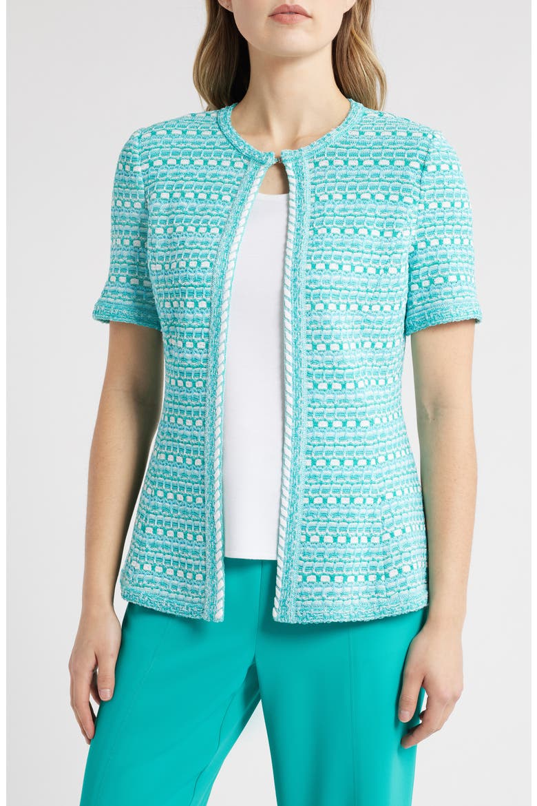 Mixed Stitch Short Sleeve Cardigan, Main, color, EMERALD AWE/ CALYPSO BLUE