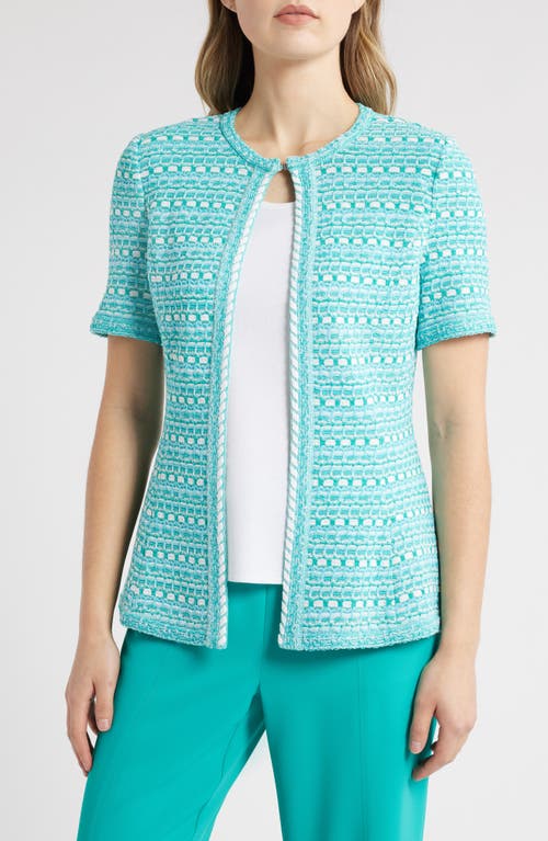 Ming Wang Mixed Stitch Short Sleeve Cardigan In Emerald Awe/calypso Blue