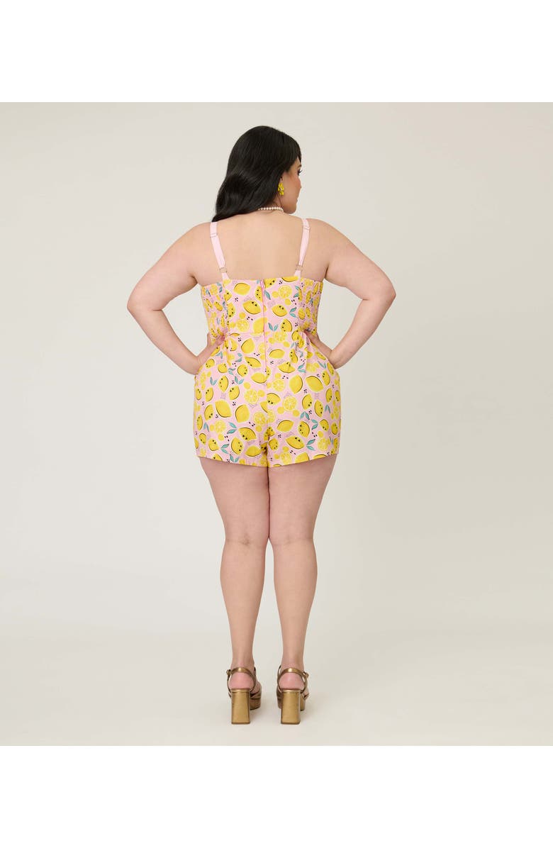 Unique Vintage Plus Size Skirted Dolly Romper, Alternate, color, Pink & Yellow Citrus