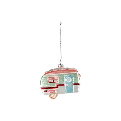 Whimsical Glass Camper Ornament with Glitter & Beads