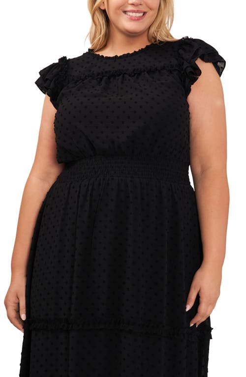 Cece Clip Dot Ruffle Tiered Midi Dress In Rich Black