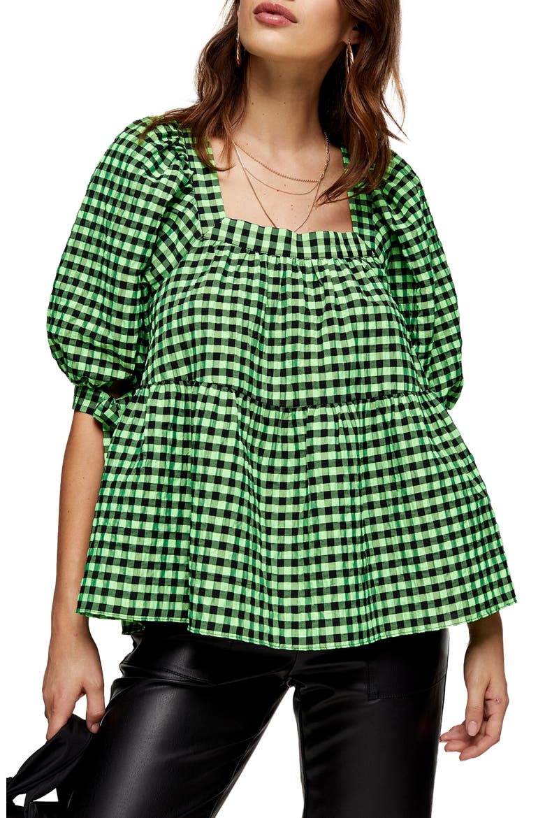 Neon Check Blouse, Main, color, GREEN MULTI