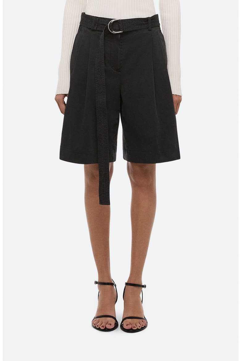 Belted Double Pleat Stretch Cotton Shorts, Main, color, BLACK