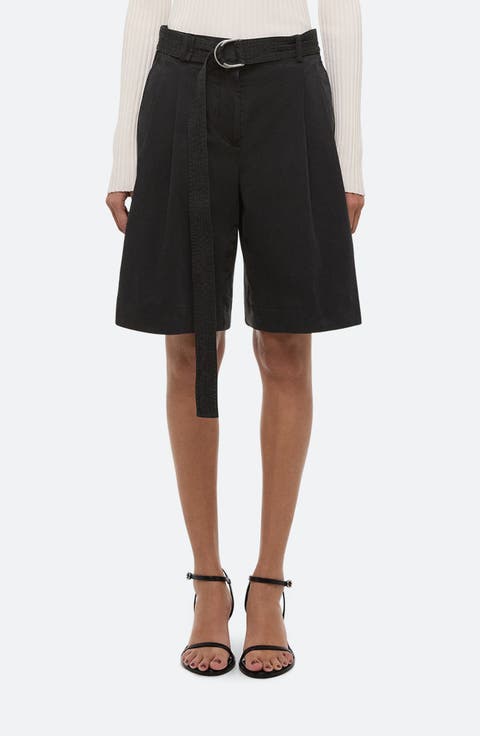 Belted Double Pleat Stretch Cotton Shorts