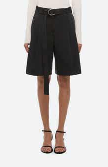 Belted Double Pleat Stretch Cotton Shorts