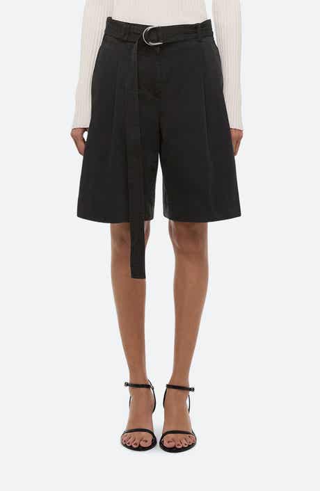 Belted Double Pleat Stretch Cotton Shorts