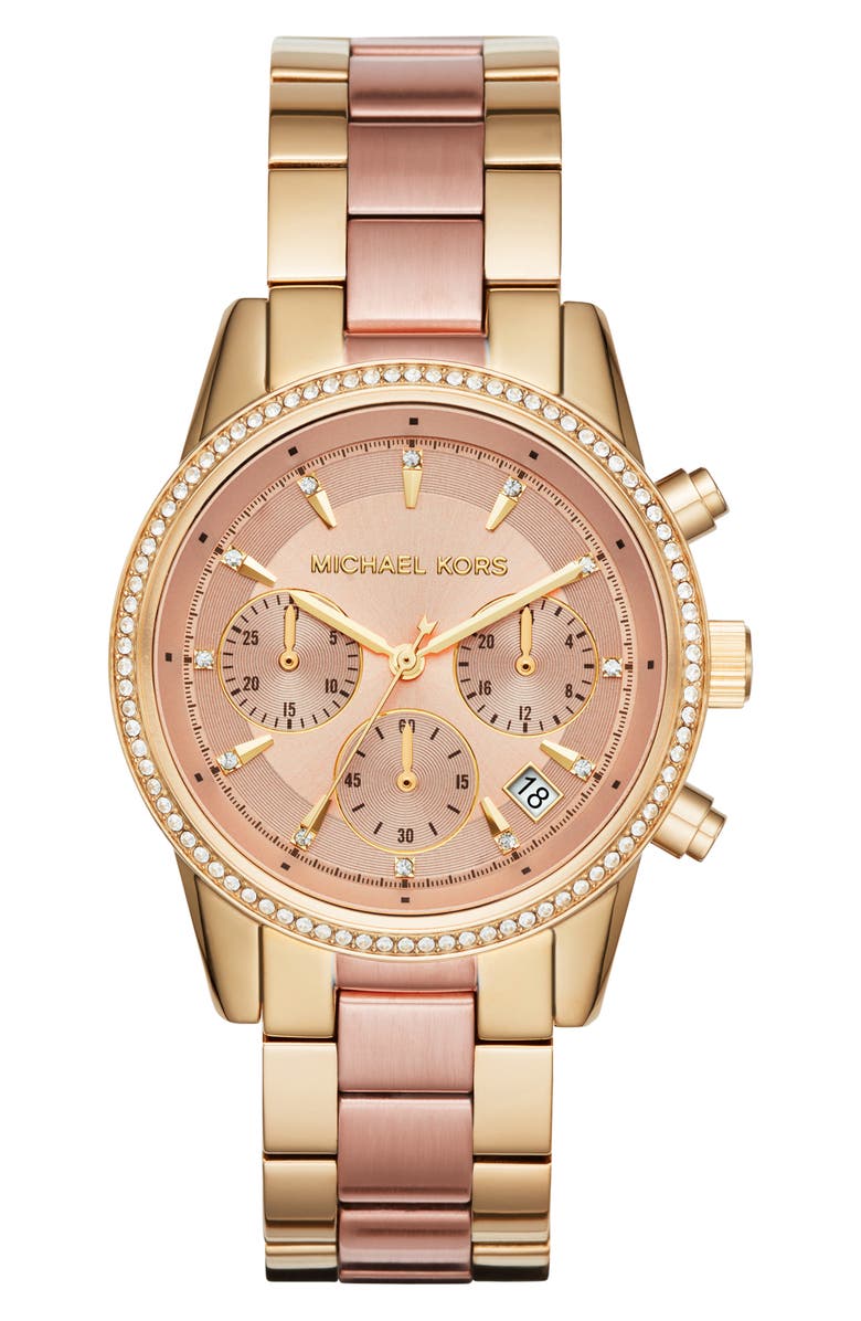 Michael Kors Ritz Two-Tone Bracelet Watch, 37mm, Main, color, Gold