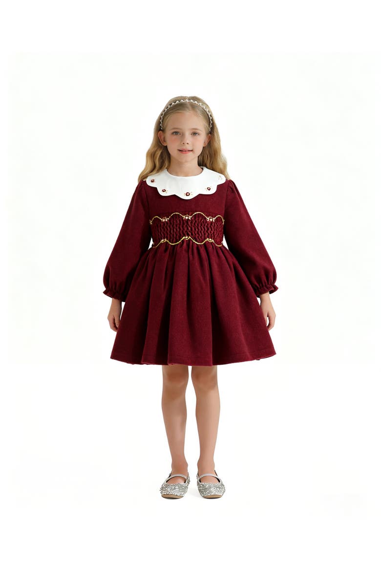 Smocked Holiday Dress, Alternate, color, Burgundy