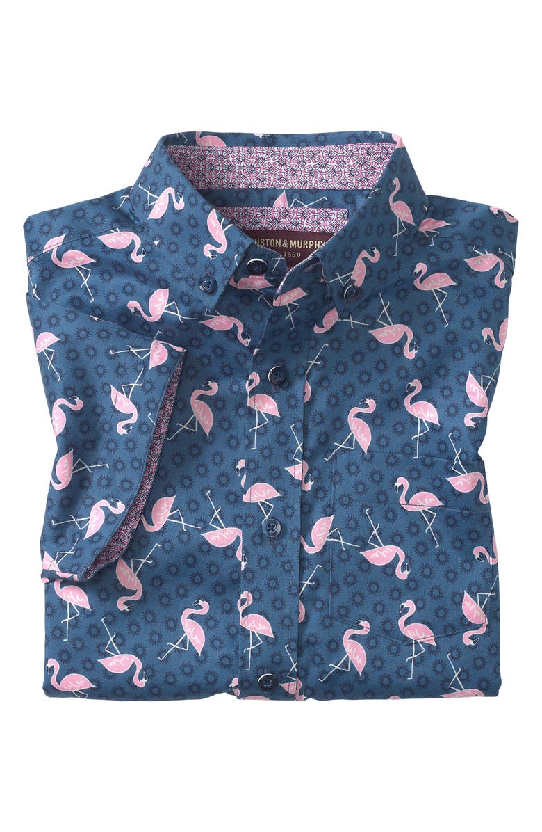 Johnston & Murphy Kids' Flamingo Sun Print Short Sleeve Button-Up Shirt, Alternate, color,