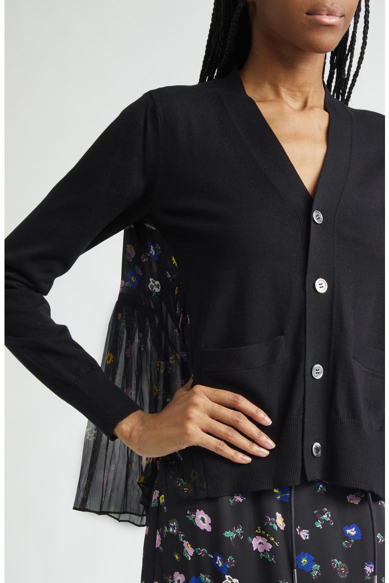 Mixed Media Pleated Floral Chiffon & Knit Cardigan, Alternate, color, BLACK/ BLACK
