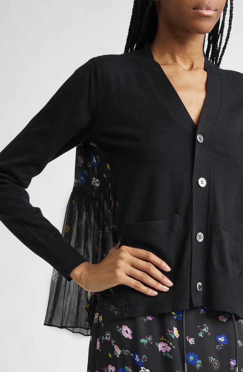 Sacai Mixed Media Pleated Floral Chiffon & Knit Cardigan, Alternate, color, Black/ Black