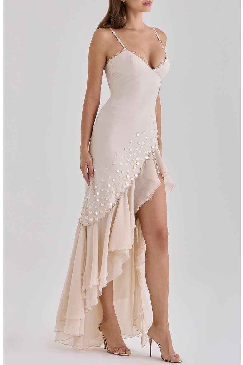 Santana Georgette Ruffle Gown, Alternate, color, ALMOND