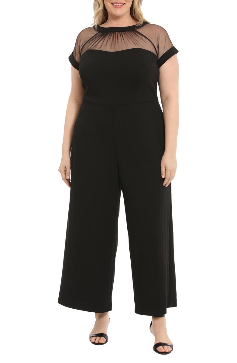 Maggy London Illusion Yoke Short Sleeve Jumpsuit, Main, color, Black