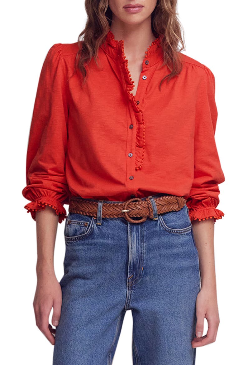 Emily Pom Detail Ruffle Button-Up Shirt, Main, color, AURORA RED