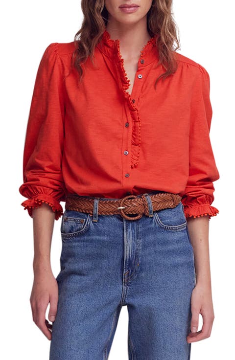 Emily Pom Detail Ruffle Button-Up Shirt