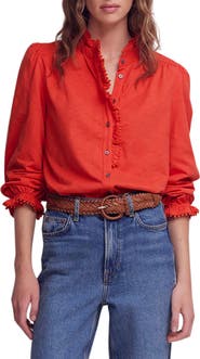 Boden Emily Pom Detail Ruffle Button-Up Shirt