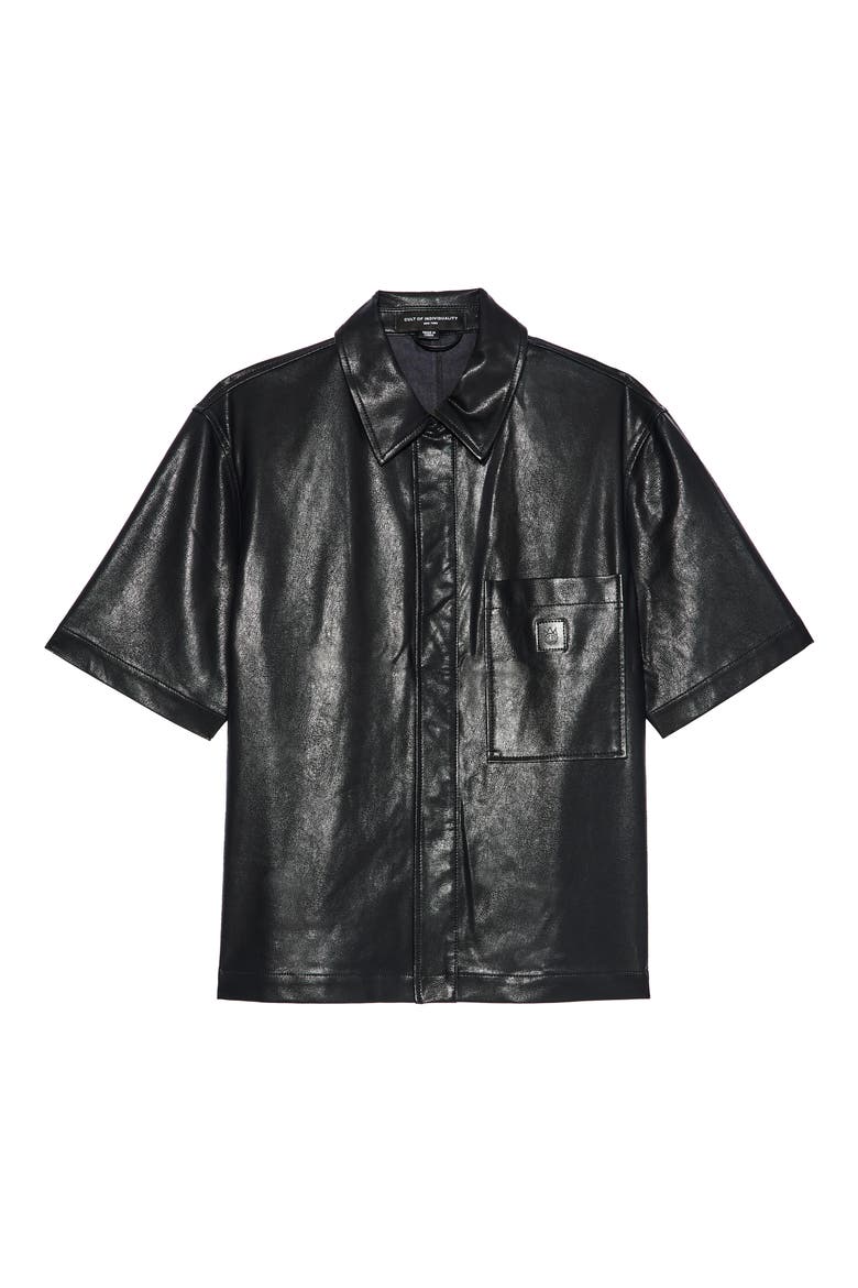 Oversize Short Sleeve Faux Leather Button-Up Shirt, Alternate, color, BLACK