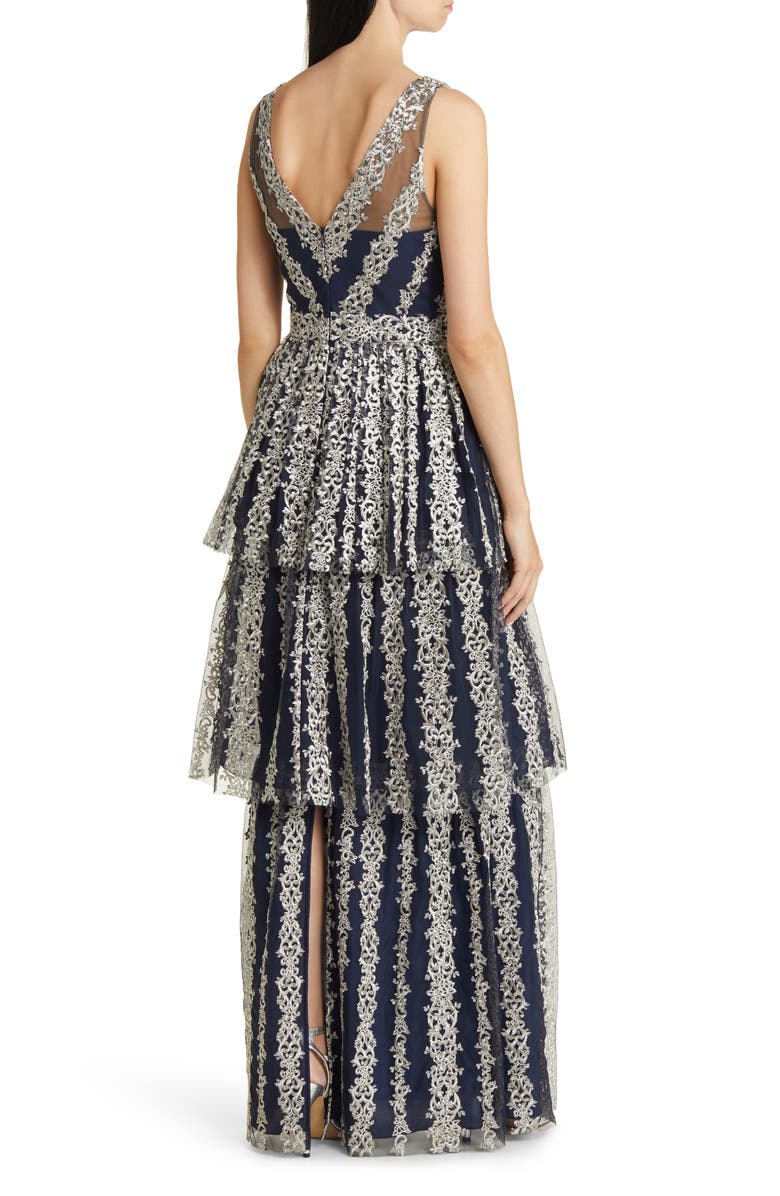 Marchesa Notte Metallic Embroidery Tiered Gown, Alternate, color,