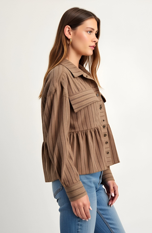 Modenaire Striped Button-front Shirt Jacket With Peplum Hem And Chest Pockets In Brown