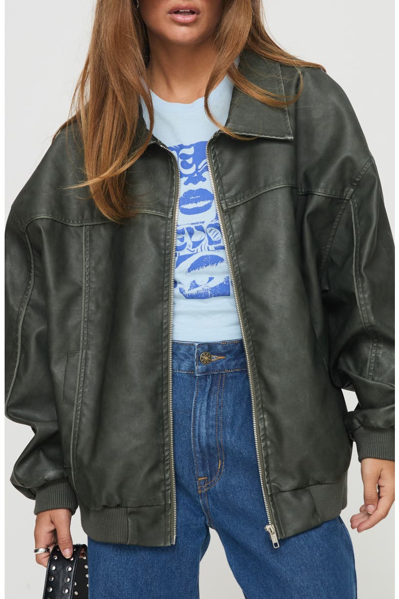 Goldsmith Oversize Faux Leather Bomber Jacket, Main, color, WASHED FOREST