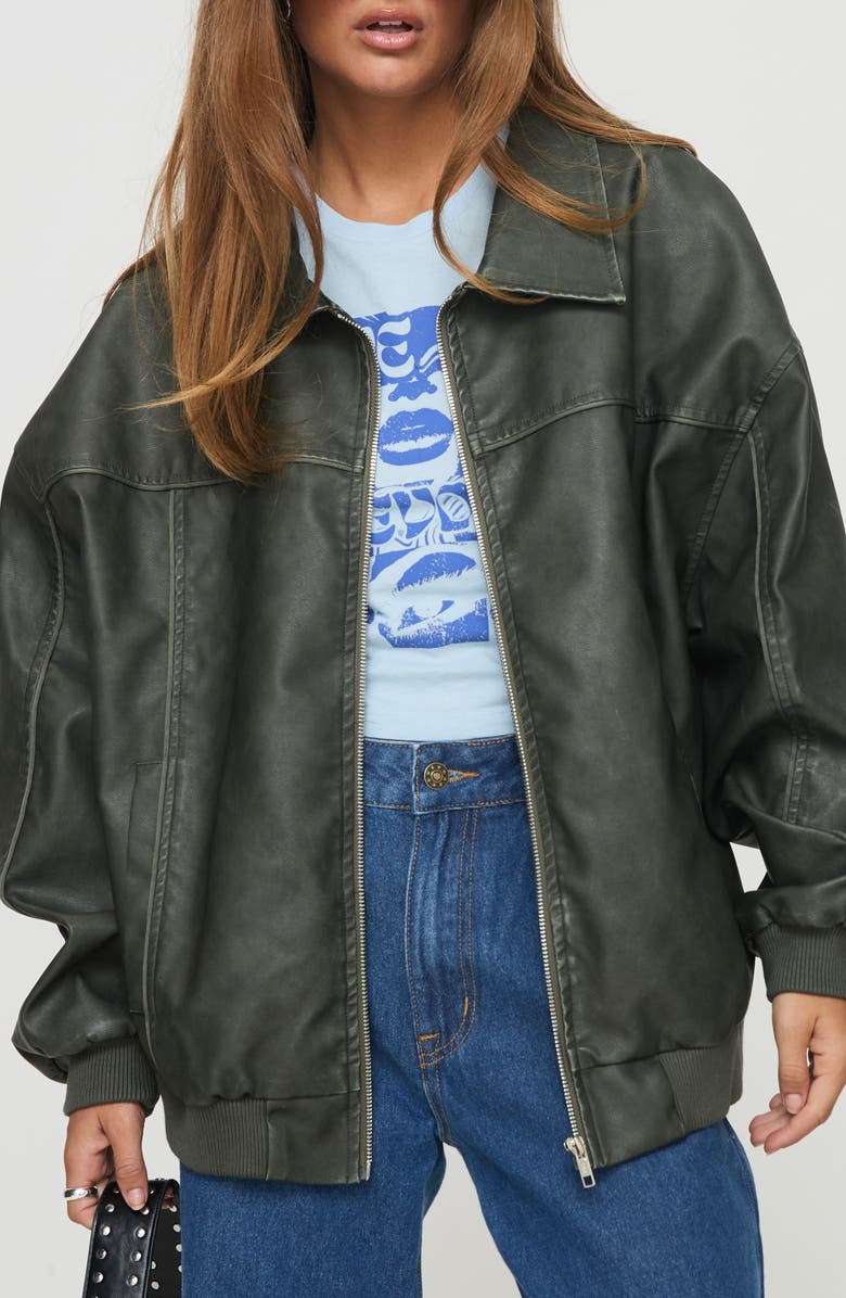 Princess Polly Goldsmith Oversize Faux Leather Bomber Jacket, Main, color, Washed Forest