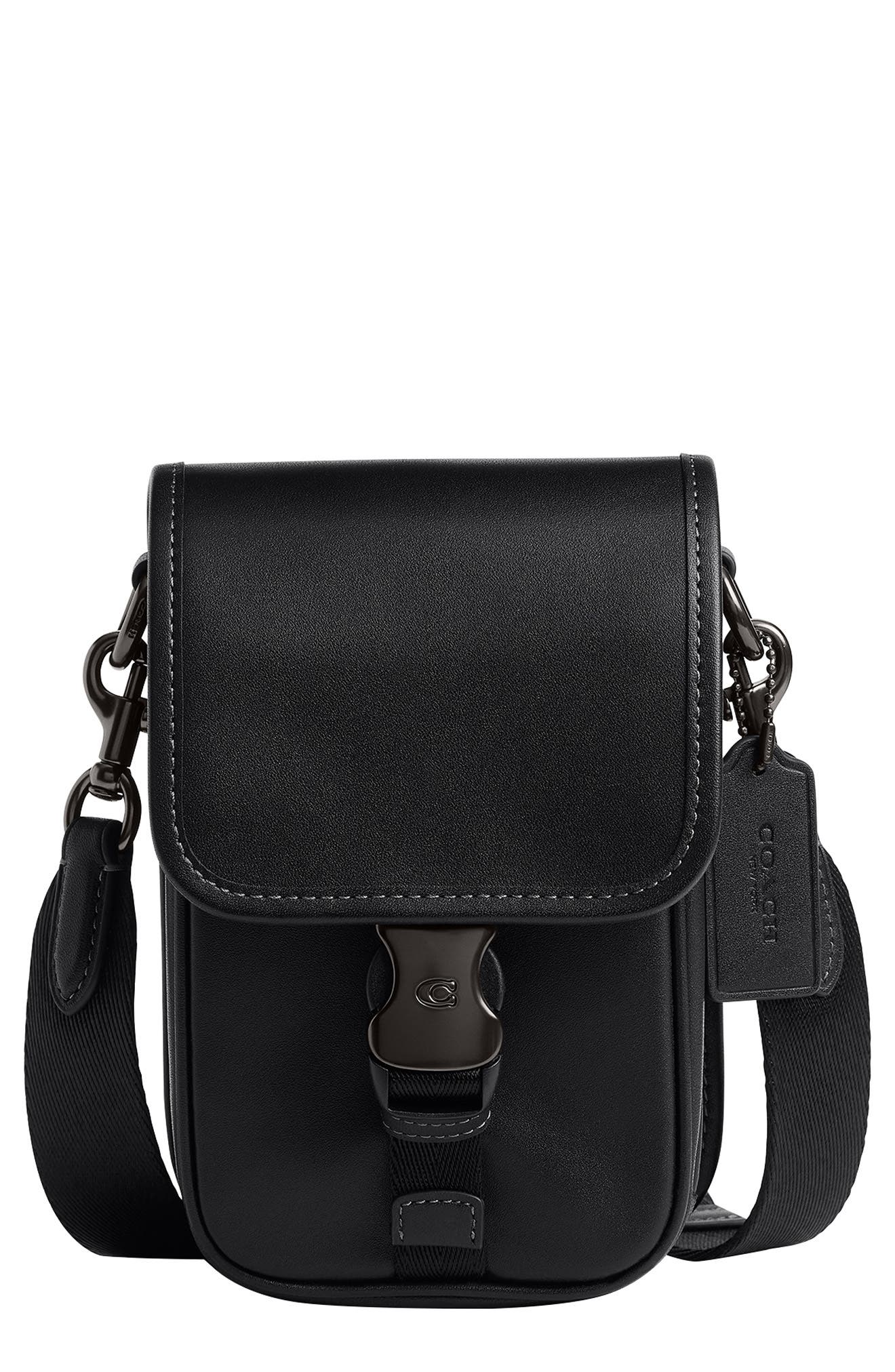 COACH League Leather Phone Crossbody Bag, Main, color, Black